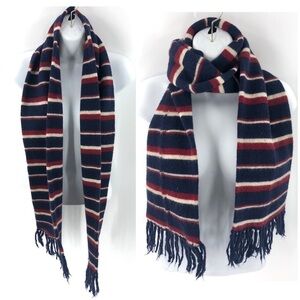 Christian Dior 100% Pure Wool Striped Scarf Fringe Trim Red Blue FLAW
